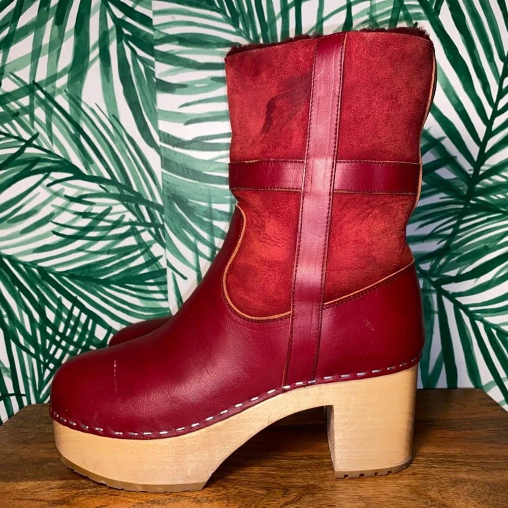 Sweedish Hasbeens Red Leather Shearling Wood Platform Ankle Boots Women’s 39/9 - Picture 4 of 13